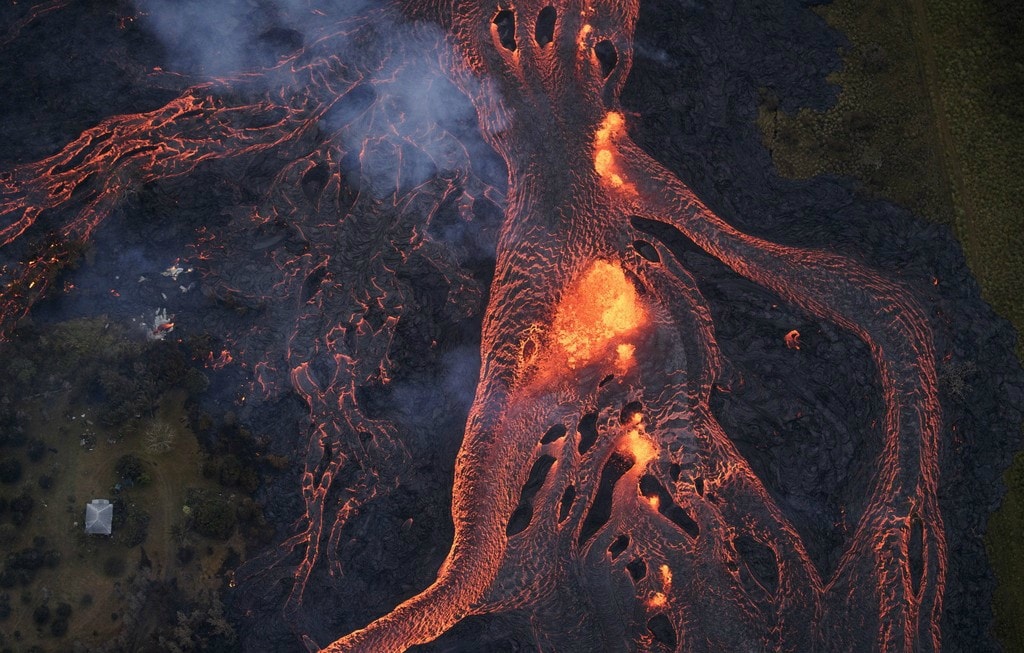 Arial View of the Lava Flowing from the Kilauea volcano in Hawaii in May 2018